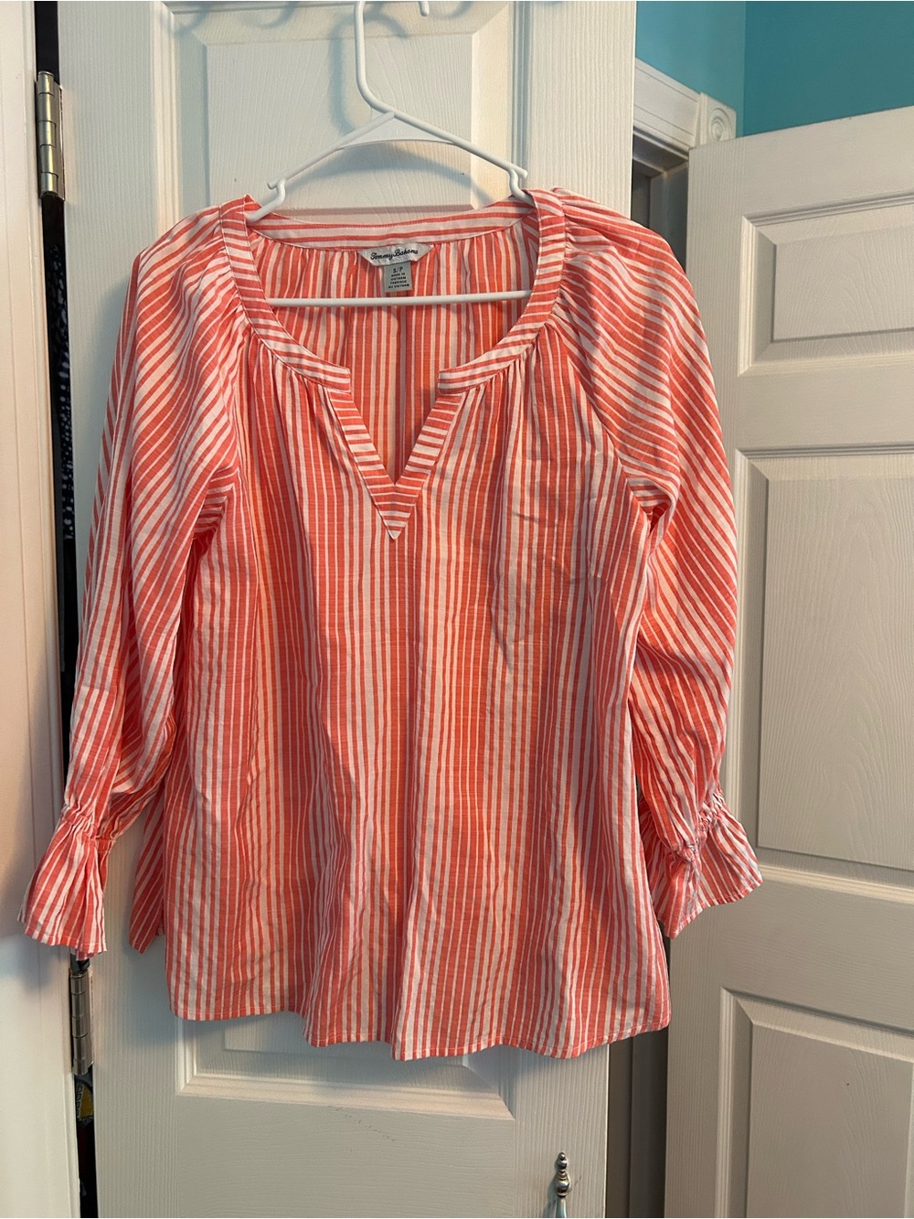 Tommy Bahama Coral and White Striped Split-Neck Blouse